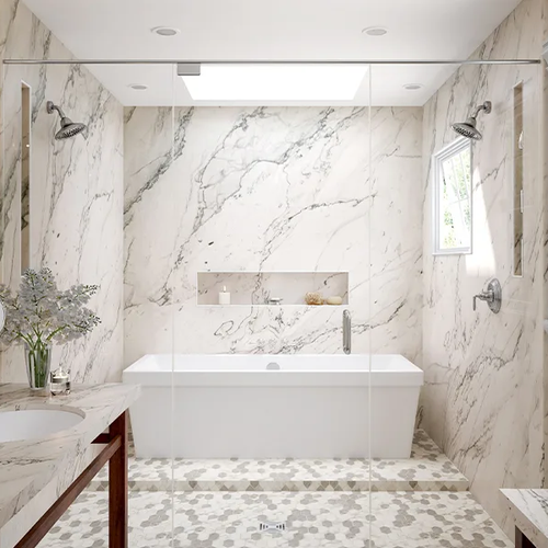 Natural stone and marble shower in Kaneohe home