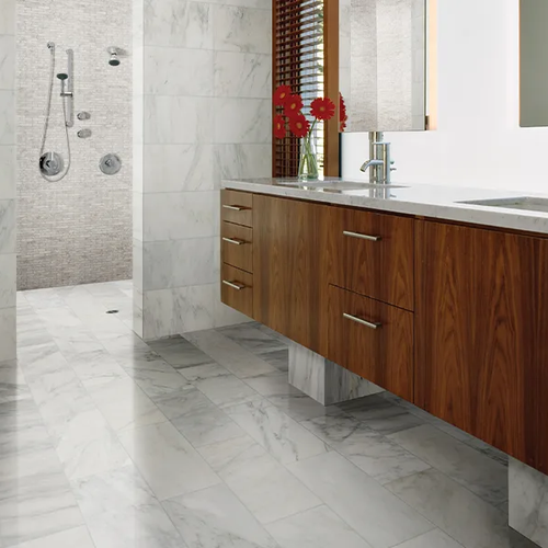 Modern bathroom with natural stone tile