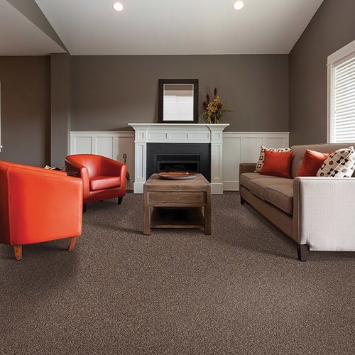 Brown carpet flooring in a large living room